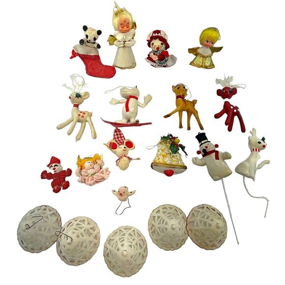 VTG 50s Lot Flocked Felt Christmas Ornaments Angels Mice Deer Bells Snowman Bird - Picture 1 of 7